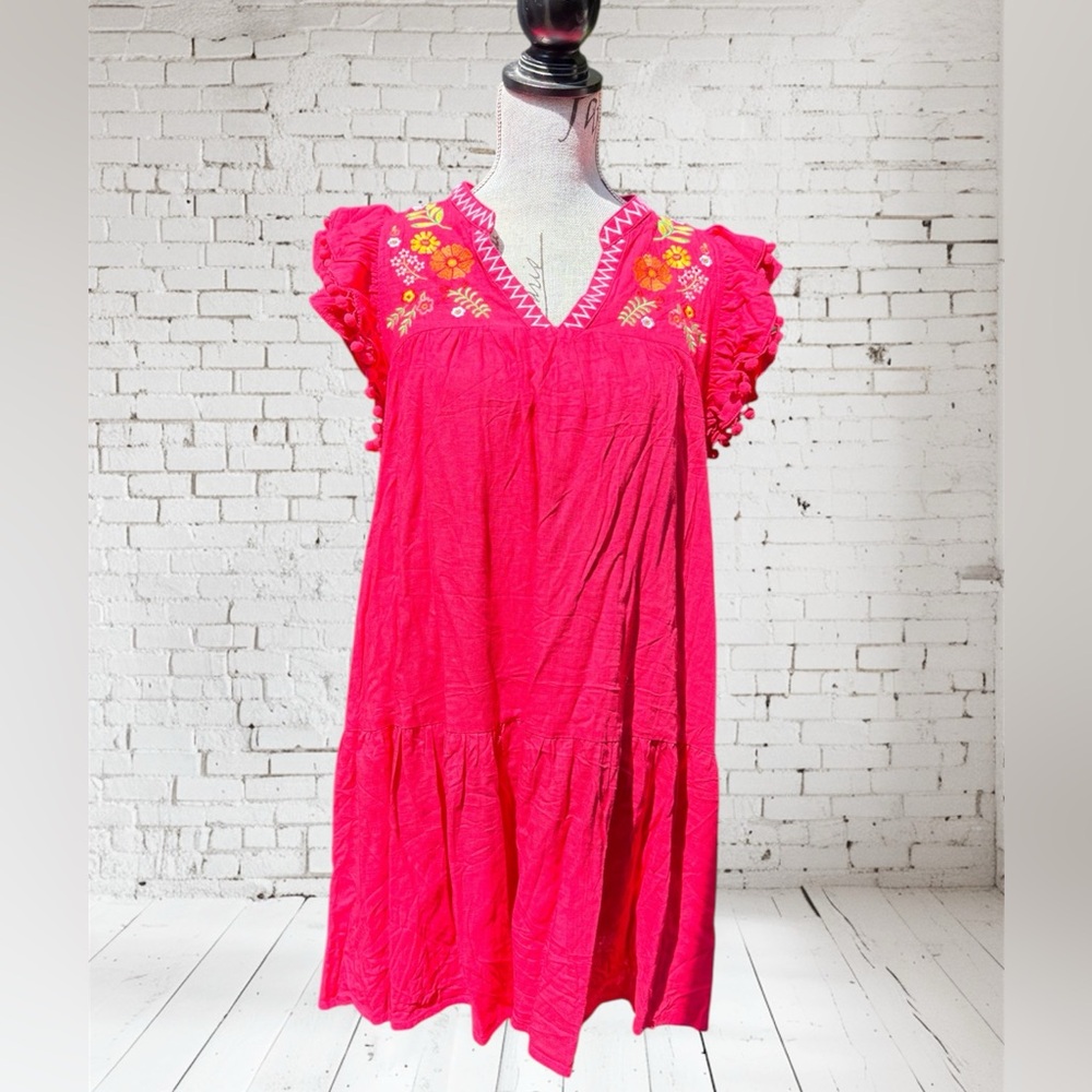 Umgee Pink Floral Embroidered Bohemian Spring Summer Festival Mini Dress